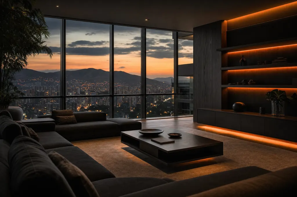 Apartamento modelo con vista a la ciudad al atardecer