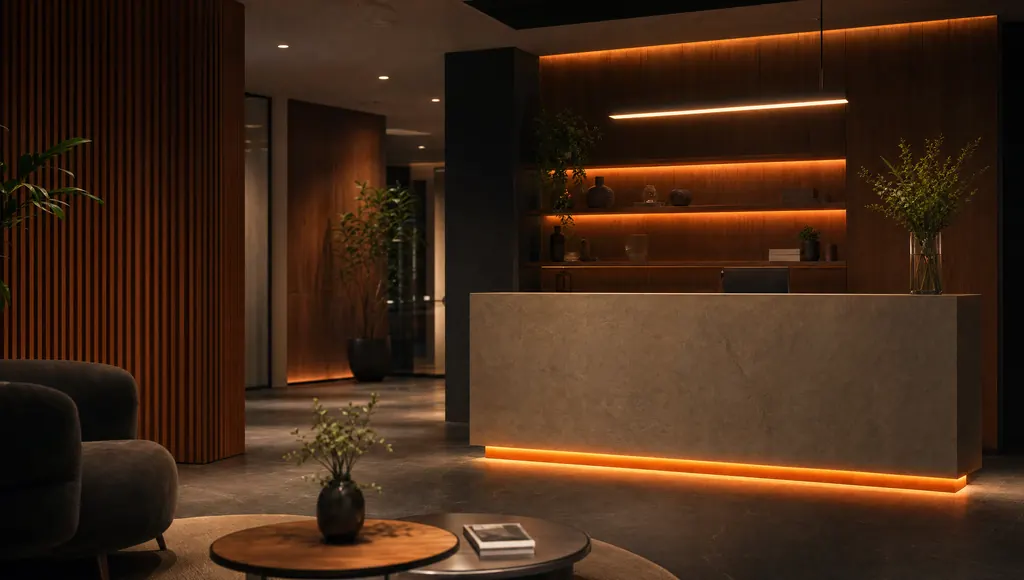 Recepción de una clínica estética moderna con luz cálida
