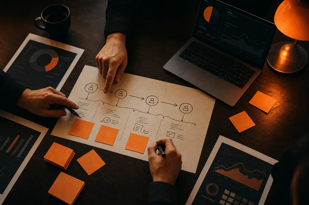 Sesión de estrategia con gráficos impresos, notas y un mapa del recorrido del cliente