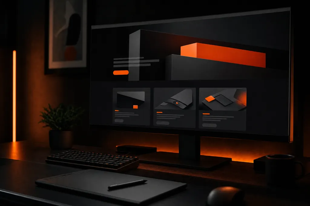 Escritorio de diseño web con un monitor mostrando el diseño de un sitio