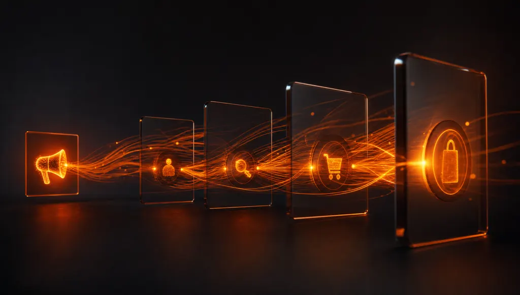 Flujo de luz que conecta un anuncio con el lead, la búsqueda, el carrito y la venta