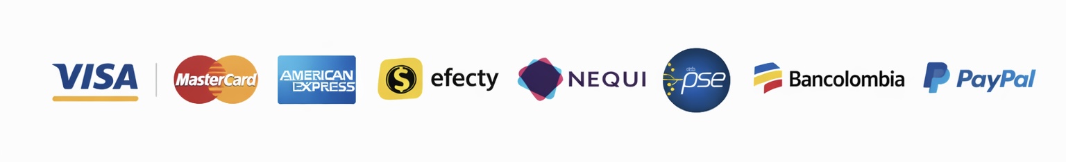 Metodos de pago: Visa, MasterCard, Efecty, Nequi, PSE, PayPal